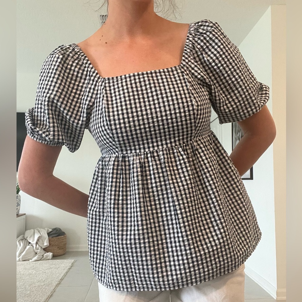 Nautica Gingham Square Neck Smocked Waist Top
